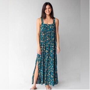 NWT Natural Life Floral Maxi Dress XL Teal Boho Tiered Smocked Rayon Cottagecore
